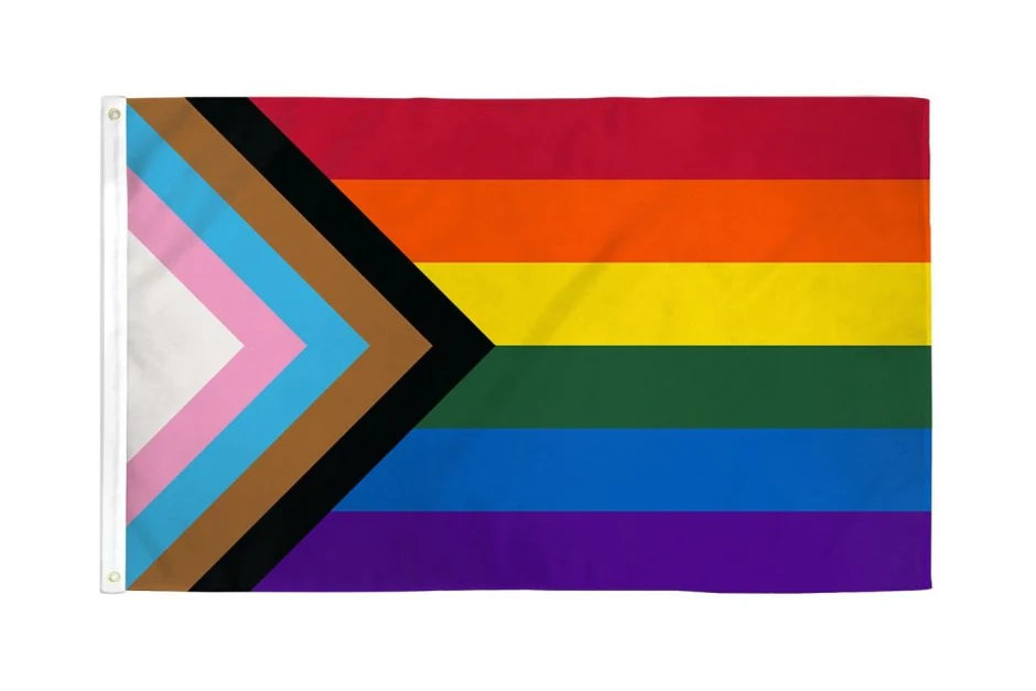 Rainbow flag with a black and brown chevron design on a white background